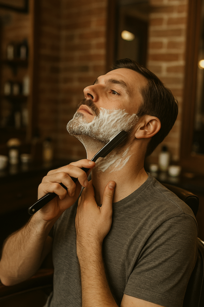 Uso de navaja clásica para afeitar la mandíbula y el cuello